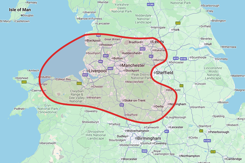 Roberts Concrete Pumping service area covering Cheshire, Manchester, Liverpool, Leeds, Sheffield and surrounding areas